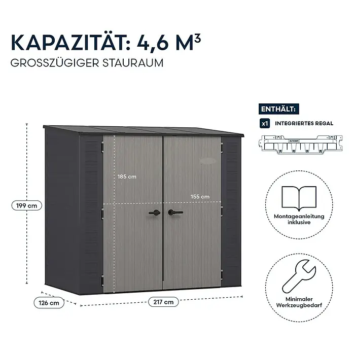 Suncast Geräteschrank - Kunststoff - Dunkelgrauer und hellgrauer Geräteschuppen mit Holzoptik-Türen, Maße 217x126x199 cm und 4,6 m³ Kapazität, inklusive Regal.