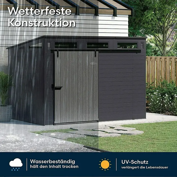Suncast Gerätehaus - Kunststoff - Dunkelgraues Gartenhaus mit Holztür. Geteiltes Bild zeigt Regen und Sonne, betont Wetter- und UV-Schutz.