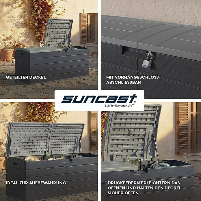 Suncast Kissenbox Harbour Bay - L x B x H: 150 x 61 x 64 cm, Kunststoff, Anthrazit - Dunkelgraue Kunststoff-Gartenbox mit geteiltem Deckel, abschließbar und mit Gasfedern für leichtes Öffnen, auf einer Terrasse.