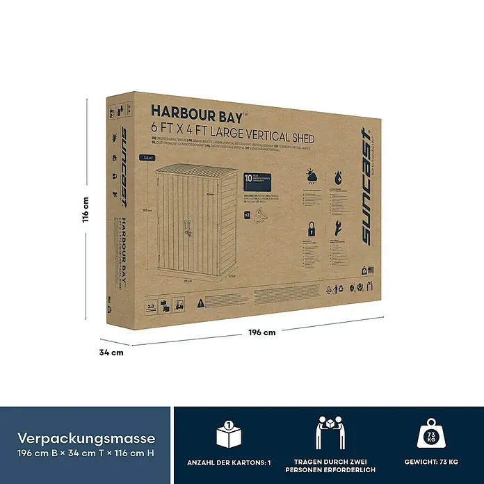 Suncast Geräteschrank 6 FT x 4 FT - Außenmaß inkl. Dachüberstand (B x T): 179 x 112 cm, Kunststoff, Cyberspace - Braune Kartonverpackung für einen Harbour Bay 6x4 ft großen vertikalen Geräteschuppen.