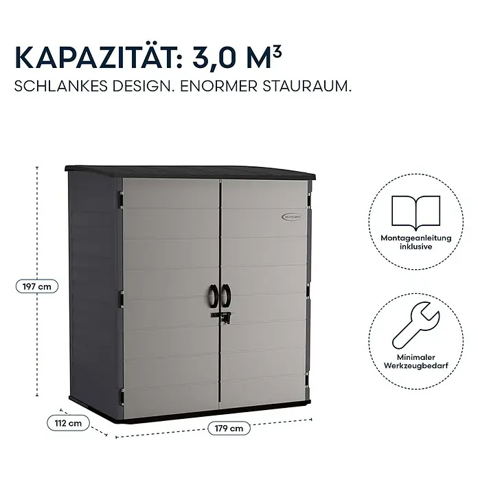 Suncast Geräteschrank - Kunststoff - Graues und dunkelgraues Kunststoff-Gartenhaus mit Doppeltüren, 197cm hoch, 179cm breit, 112cm tief, 3,0 m³ Kapazität.
