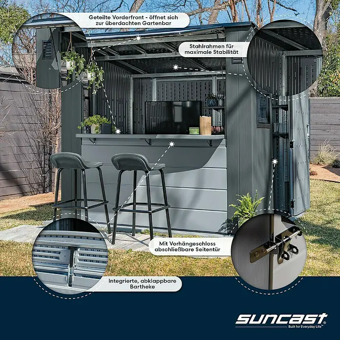 Suncast Gartenhaus Cabana - L x B x H: 250 x 222 x 226 cm, Kunststoff - Dunkelgraue Gartenbarhütte mit klappbarer Theke, Stahlrahmen und abschließbarer Seitentür, als Outdoor-Bar eingerichtet.