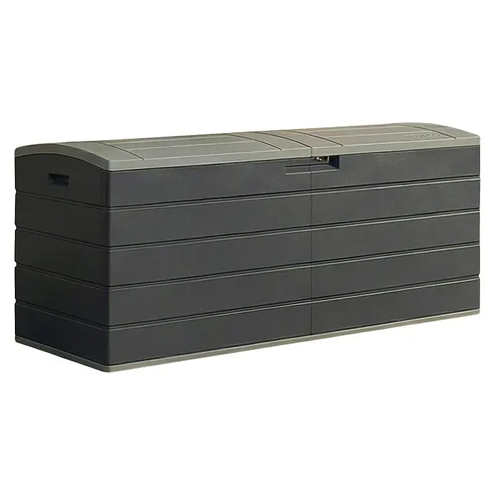Suncast Kissenbox Harbour Bay - L x B x H: 150 x 61 x 64 cm, Kunststoff, Anthrazit - Dunkelgraue, wetterfeste Outdoor-Aufbewahrungsbox mit hellgrauem Deckel.