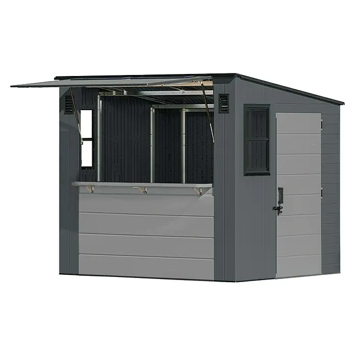 Suncast Gartenhaus Cabana - L x B x H: 250 x 222 x 226 cm, Kunststoff - Zweifarbiger dunkelgrauer und hellgrauer Schuppen mit geöffneter Theke und Seitentür, ideal als Gartenbar oder Abstellraum.