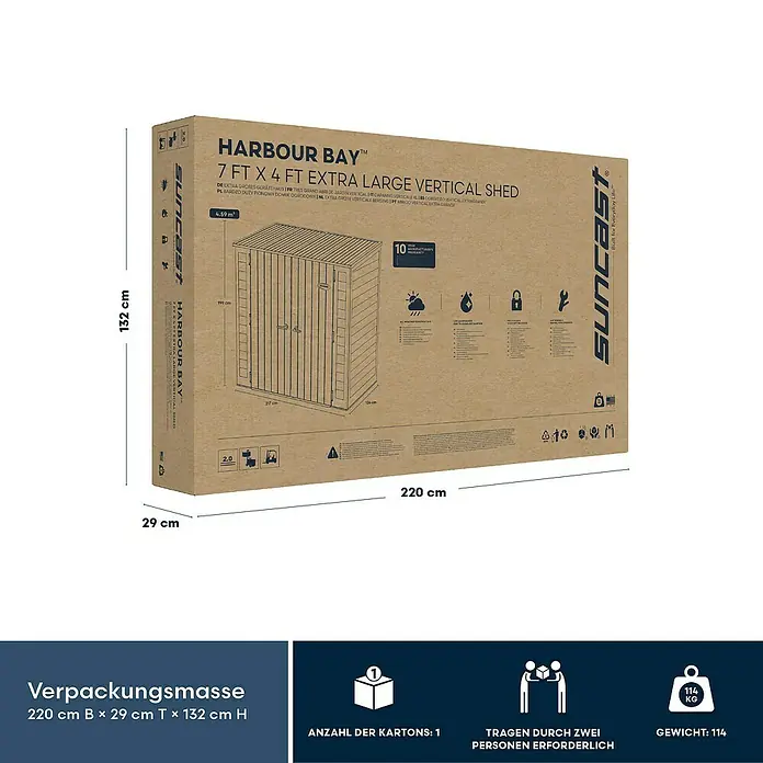 Suncast Geräteschrank 7 FT x 4 FT - Außenmaß inkl. Dachüberstand (B x T): 215 x 123 cm, Kunststoff, Cyberspace - Braune Kartonverpackung für einen Harbour Bay 7x4 ft extra großen Vertikalschuppen, mit Produktabbildung und Details.