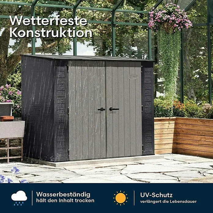 Suncast Geräteschrank - Kunststoff - Wetterfester, dunkelgrauer und grauer Garten-/Geräteschuppen in Holzoptik mit zwei Türen, schützt den Inhalt vor Regen und UV-Strahlung.
