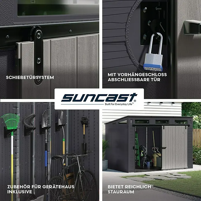 Suncast Gerätehaus - Kunststoff - Suncast Geräteschuppen mit verschiebbaren, abschließbaren Türen, inklusive Innenzubehör und viel Stauraum. Dunkelgrauer und hellgrauer Kunststoff.