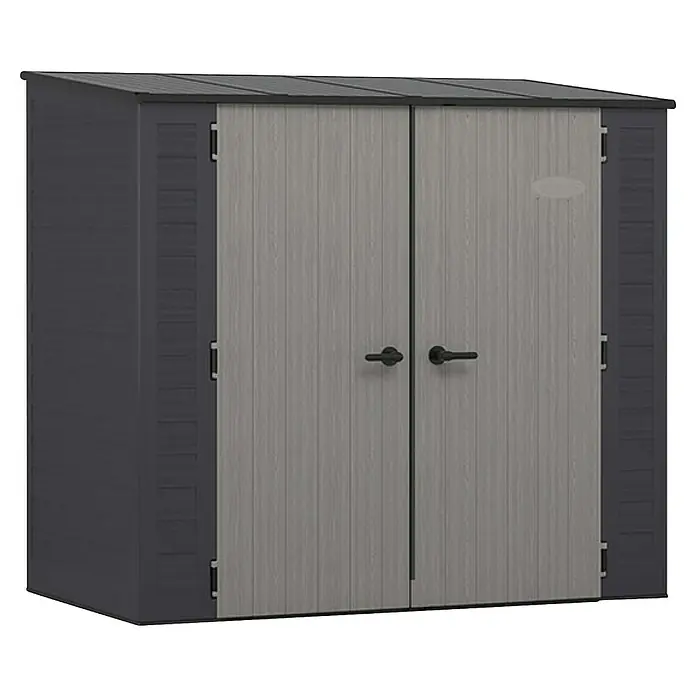 Suncast Geräteschrank - Kunststoff - Dunkelgrauer Geräteschrank für den Außenbereich mit hellgrauen Doppeltüren in Holzoptik und schwarzen Griffen.