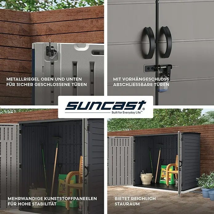 Suncast Geräteschrank - Kunststoff - Grauer Kunststoff-Gartenschuppen mit offenen Türen, zeigt geräumigen Innenraum und robuste Mehrwandkonstruktion.