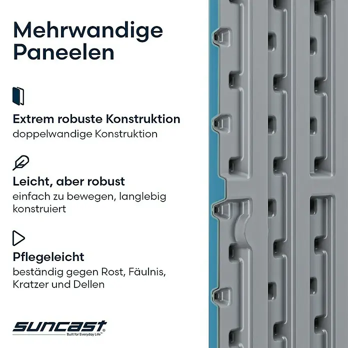 Suncast Geräteschrank - L x B x H: 179 x 112 x 197 cm, Kunststoff - Graues mehrwandiges Paneel, das seine doppelwandige, robuste Konstruktion für Langlebigkeit zeigt.