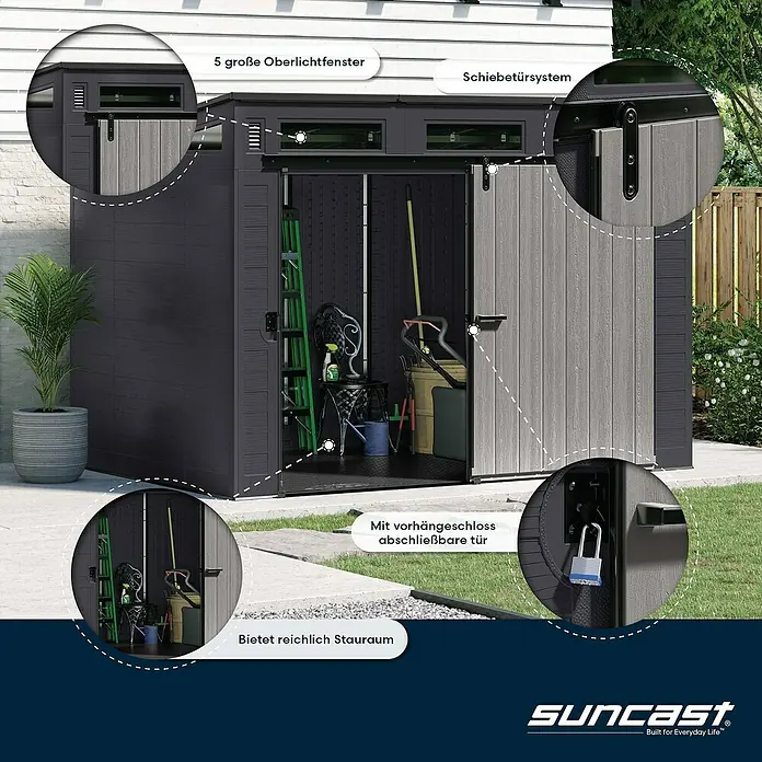 Suncast Gerätehaus - Kunststoff - Dunkelgraues Gartenhaus mit hellgrauer Schiebetür, 5 Oberlichtfenstern, abschließbar und viel Stauraum.
