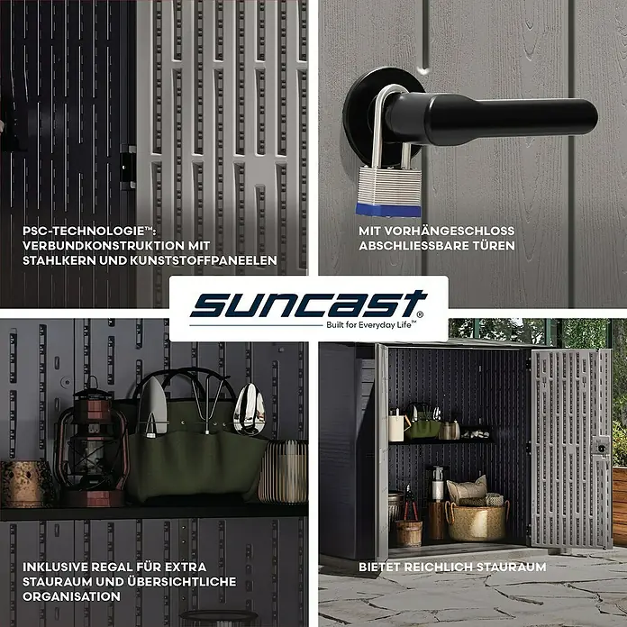 Suncast Geräteschrank - Kunststoff - Suncast Geräteschuppen aus Verbundmaterial mit Stahlkern, abschließbaren Türen und integriertem Regal für geordnete Lagerung.