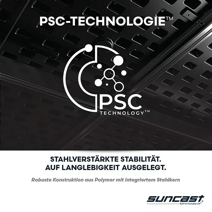 Suncast Geräteschrank - L x B x H: 179 x 112 x 197 cm, Kunststoff - PSC-Technologie-Logo auf dunkler, texturierter Oberfläche, bewirbt Stahl-verstärkte Polymerkonstruktion mit integriertem Stahlkern für Langlebigkeit.