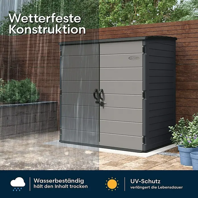 Suncast Geräteschrank - Kunststoff - Wetterfester grauer Geräteschuppen, geteilte Ansicht mit Regen und Trockenheit, betont Wasser- und UV-Beständigkeit.