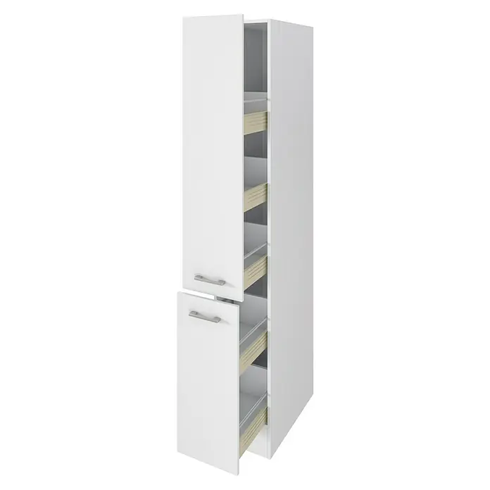 Flex-Well Lucca Mehrzweckschrank Typ 4 - 60 x 130 x 200 cm, Weiß - Hoher weißer Ausziehschrank mit zwei Türen, Metallgriffen und hellbeigen Innenauszügen.