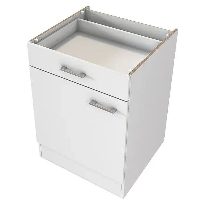 Flex-Well Lucca Mehrzweckschrank Typ 5 - 60 x 290 x 200 cm, Weiß - Weißer Küchenunterschrank mit zwei Schubladen, oben Spanplatte sichtbar.