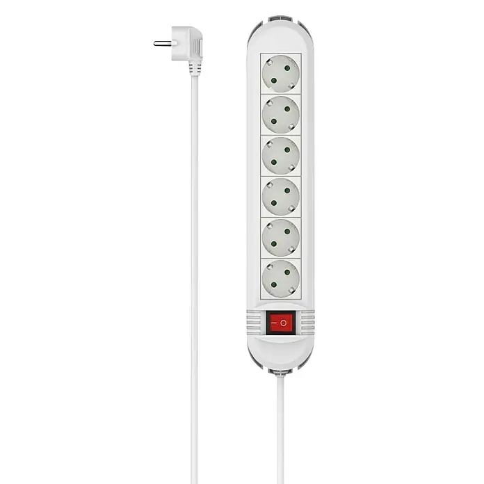 Hama Steckdosenleiste 6-fach 00223036 Wandmontage - Kabellänge: 3 m - Weiße 6-fach Steckdosenleiste mit rotem Ein/Aus-Schalter und Stecker.