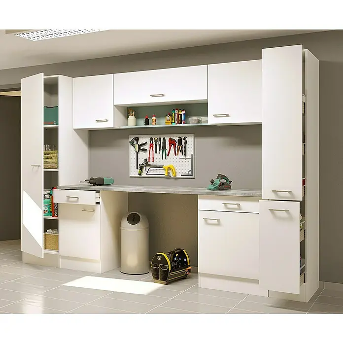 Flex-Well Lucca Mehrzweckschrank Typ 5 - 60 x 290 x 200 cm, Weiß - Weißes modulares Garagen-Ordnungssystem mit Werkbank, Lochwand und Schränken für Werkzeuge und Zubehör.