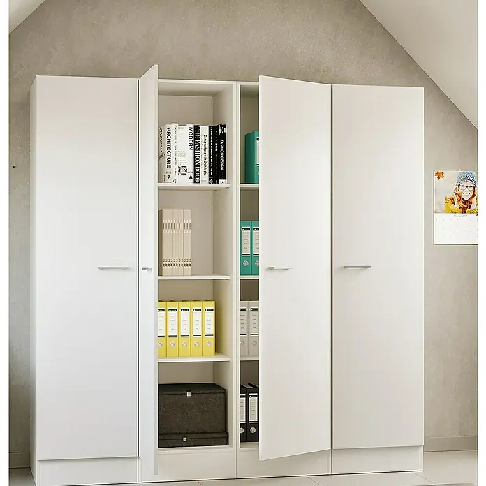 Flex-Well Lucca Hochschrank - B x T x H: 200 x 60 x 200 cm - Weißes Schranksystem mit offenen und geschlossenen Türen, Regale mit Büchern und Ordnern sichtbar.