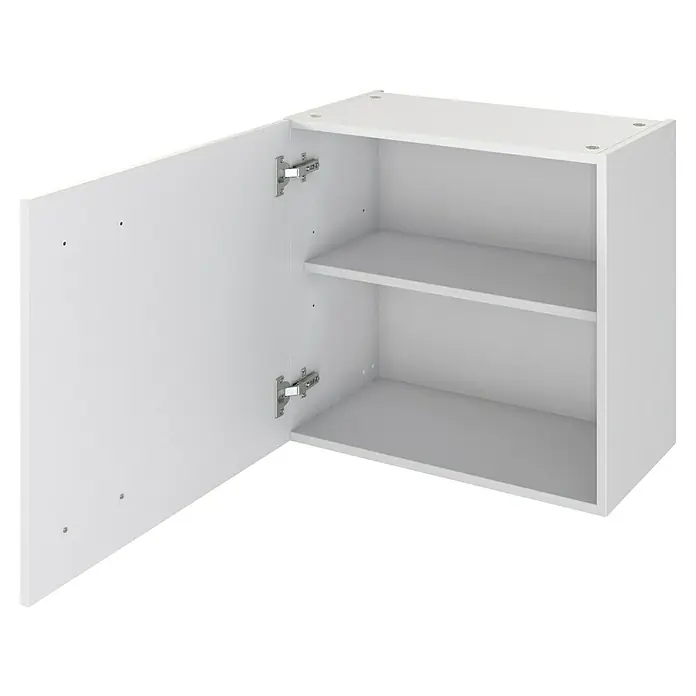 Flex-Well Rom  Singleküche - Breite: 210 cm, Weiß, Mit 2-Zonen-Glaskeramikkochfeld - Weißer Wandschrank mit offener Tür, der zwei Einlegeböden zeigt.