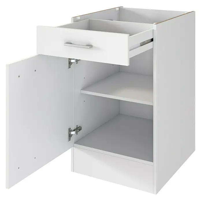 Flex-Well Wito Singleküche - Breite: 150 cm, Weiß, Mit 2-Zonen-Glaskeramikkochfeld - Weißer Schrank mit offener oberer Schublade und offener unterer Tür, die Einlegeböden zeigt.