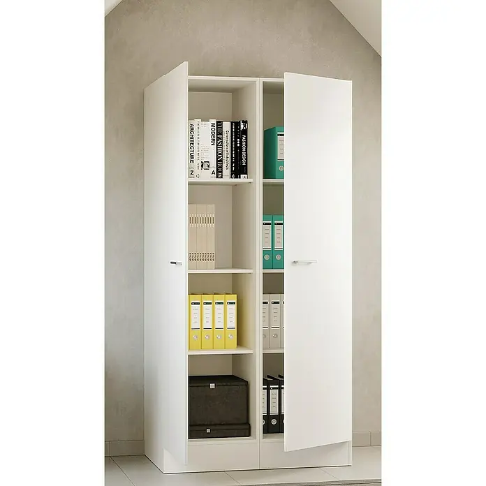 Flex-Well Lucca Hochschrank - B x T x H: 100 x 60 x 200 cm - Weißer Büroschrank mit teils geöffneten Türen, der Regale mit Büchern, farbigen Ordnern und Aufbewahrungsboxen zeigt.