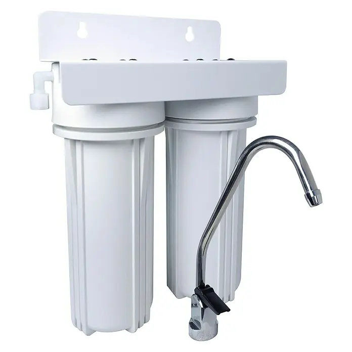 Bb agua Filtro bajo fregadero Filter-Fresh - Apto para: Fregaderos - Imagen de un sistema de filtro de agua dual con grifo cromado, que proporciona agua limpia y filtrada para uso doméstico.