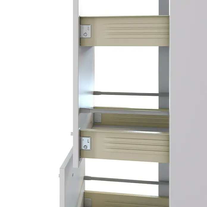 Flex-Well Lucca Mehrzweckschrank Typ 4 - 60 x 130 x 200 cm, Weiß - Weißer Schrank mit hellbeigen Auszugsschubladen und grauen Stützstangen für organisierte Lagerung.