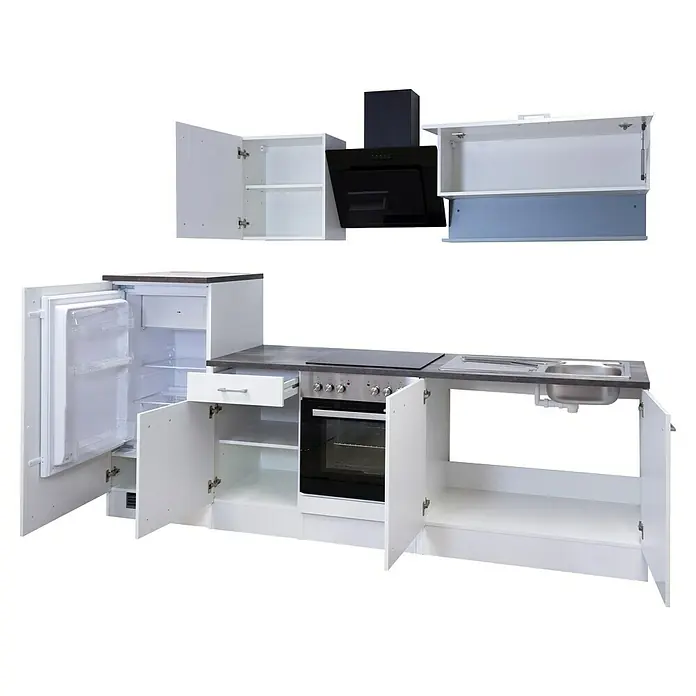 Flex-Well Lucca Küchenzeile - Breite: 270 cm, Weiß, Mit Elektrogeräten - Weiße moduläre Küchenzeile mit offenem Kühlschrank, Backofen, Elektrokochfeld, Spüle und Dunstabzugshaube.
