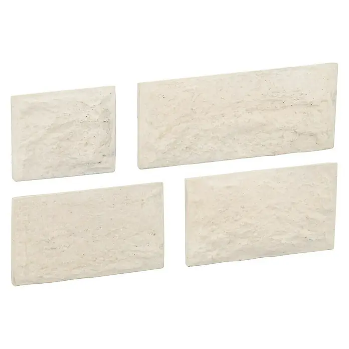 Revestimiento de piedra Travertino Split - Beige, Cantidad total: 4 pzs. - Cuatro ladrillos de color claro con superficie rugosa. Ideal para revestimientos de paredes y elementos decorativos.