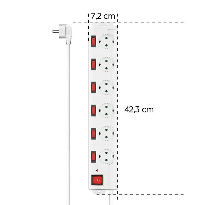 Hama Steckdosenleiste 6+1 Schalter 00223159 - Anzahl Steckdosen: 6 Stück, Kabellänge: 1,4 m, IP20, Weiß, Ausstattung Kabelverlängerung: Erhöhter Berührungsschutz - Weiße 6-fach Steckdosenleiste mit Einzel- und Hauptschalter, abgewinkeltem Stecker und Kabel. Maße 7,2x42,3 cm.