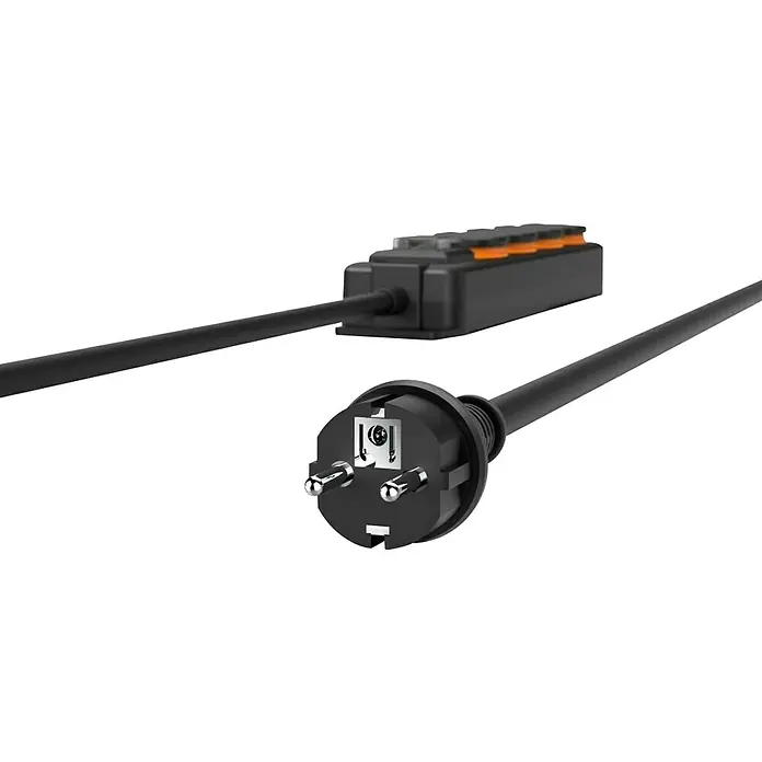 Hama Steckdosenleiste 4-fach 00223063 IP44 Wandmontage - Kabellänge: 2 m - Schwarzes Netzkabel mit Schweizer Typ-J-Stecker und einer schwarz-orangen In-Line-Steuerung.