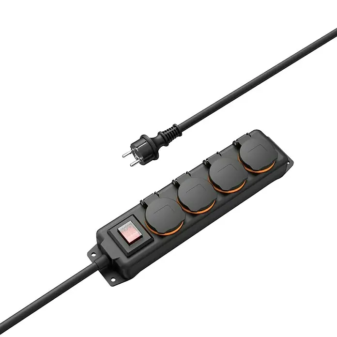 Hama Steckdosenleiste 4-fach 00223063 IP44 Wandmontage - Kabellänge: 2 m - Schwarze Steckdosenleiste mit vier abgedeckten Steckdosen und beleuchtetem Schalter, verbunden mit Kabel und Stecker.