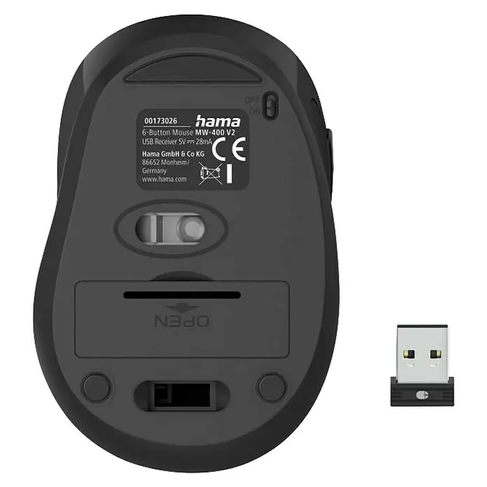 Hama PC-Maus Funk 6-Tasten MW-400 V2 173026 - Schwarz, 9,6 x 6,5 x 4,2 cm - Unterseite einer dunkelgrauen kabellosen Computermaus mit USB-Empfänger. Zeigt Sensor, Batteriefach und Ein-/Ausschalter.