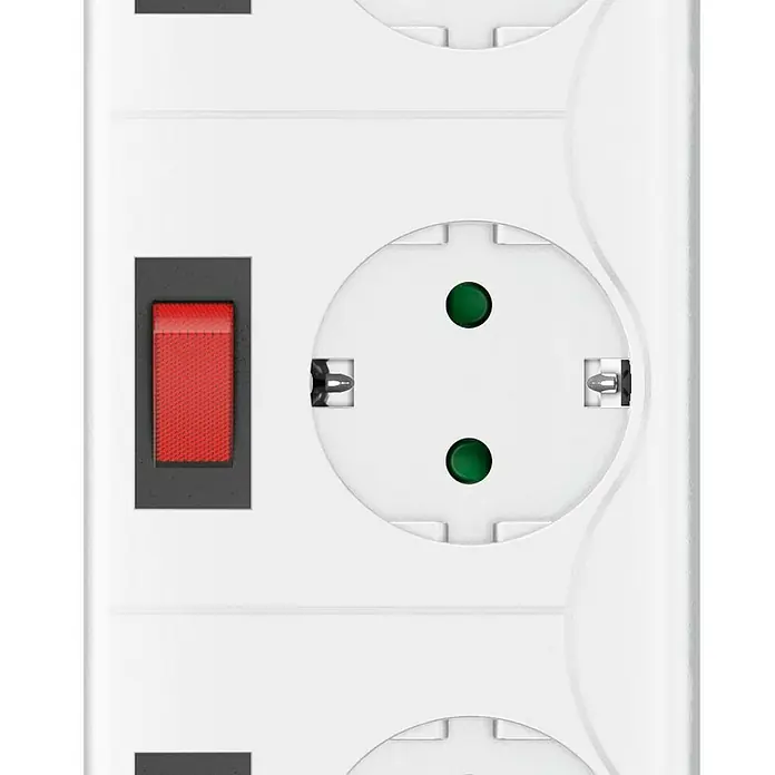 Hama Steckdosenleiste 6+1 Schalter 00223159 - Anzahl Steckdosen: 6 Stück, Kabellänge: 1,4 m, IP20, Weiß, Ausstattung Kabelverlängerung: Erhöhter Berührungsschutz - Weiße Steckdosenleiste mit rotem Schalter und mehreren Schuko-Steckdosen.