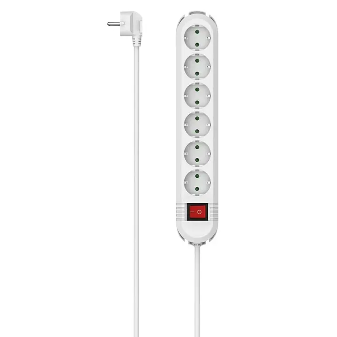 Hama Steckdosenleiste 6-fach 00223131 Wandmontage - Kabellänge: 2 m - Weiße 6-fach Steckdosenleiste mit rotem Ein-/Ausschalter und Stecker.