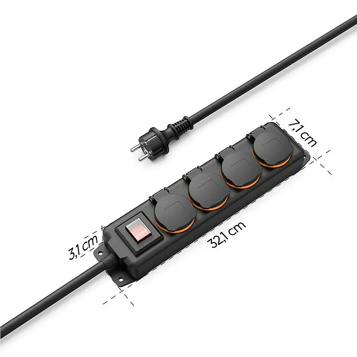 Hama Steckdosenleiste 4-fach 00223064 IP44 Wandmontage - Kabellänge: 4 m - Schwarze Steckdosenleiste mit 3 abgedeckten Steckdosen, Ein-/Ausschalter und Stecker. Sie ist 32,1 cm lang und hat orange Akzente.
