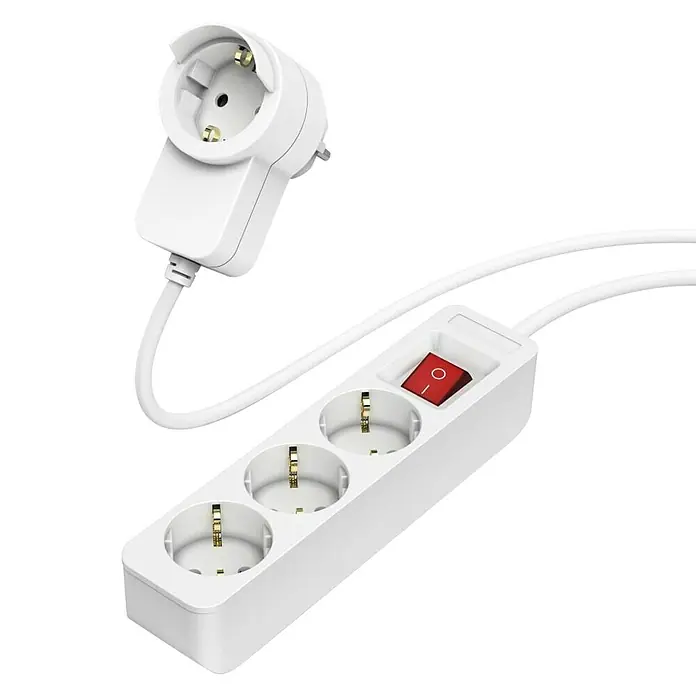 Hama Steckdosenleiste 3-fach 223081 mit Schalter und Zusatzsteckdose - Kabellänge: 1,4 m - Weiße 3-fach Steckdosenleiste mit rotem Schalter, verbunden mit passendem Steckeradapter.