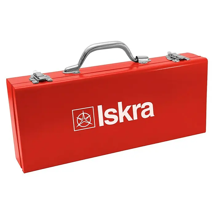Iskra Fülldrahtschweißgerät - 1.500 W, 300 °C - Rote Metallwerkzeugkiste mit silbernem Griff und zwei silbernen Verschlüssen, mit weißem "Iskra"-Logo.