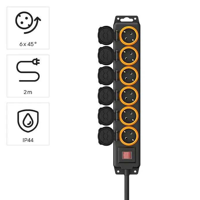 Hama Steckdosenleiste mit Deckel 223065 - Anzahl Steckdosen: 6 Stück, Kabellänge: 2 m, IP20, Schwarz - Schwarze 6-fach Outdoor-Steckdosenleiste mit orangefarbenen 45° abgewinkelten Steckdosen, 2m Kabel, rotem Schalter und IP44 Schutzart.