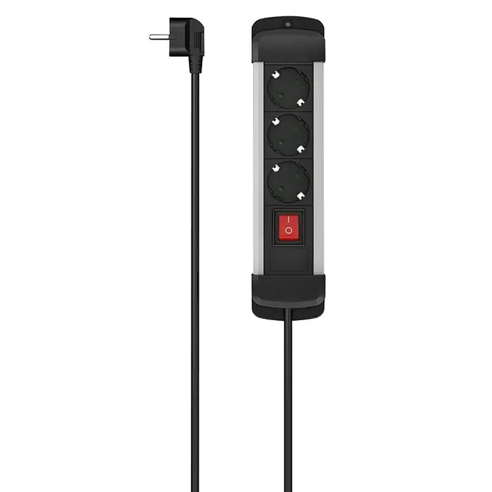 Hama Steckdosenleiste 3-fach 00223102 Wandmontage - Kabellänge: 3 m - Schwarz-graue Steckdosenleiste mit 3 Schuko-Steckdosen, rotem Ein/Aus-Schalter und gewinkeltem Stecker am Kabel.
