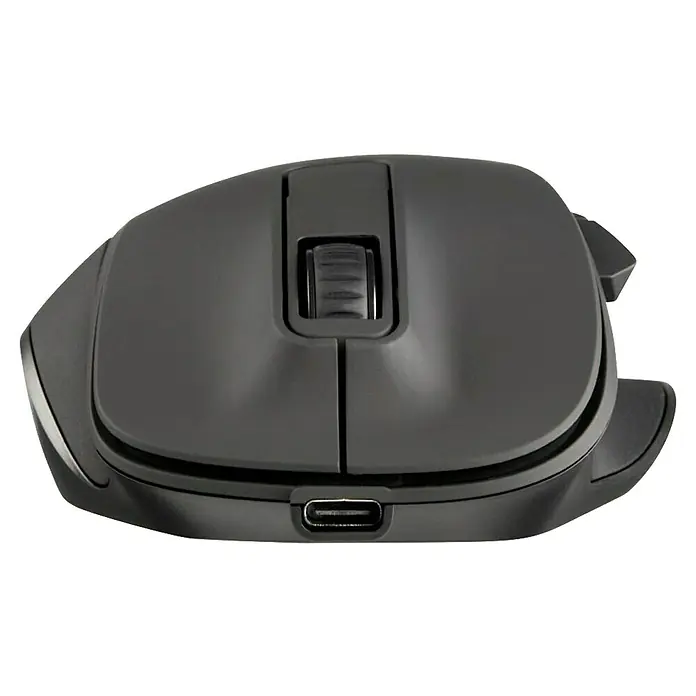 Hama PC-Maus ergonomisch kabellos - Schwarz, 12 x 8,5 x 4,2 cm - Dunkelgraue kabellose Computermaus mit Scrollrad und USB-C-Ladeanschluss vorne.