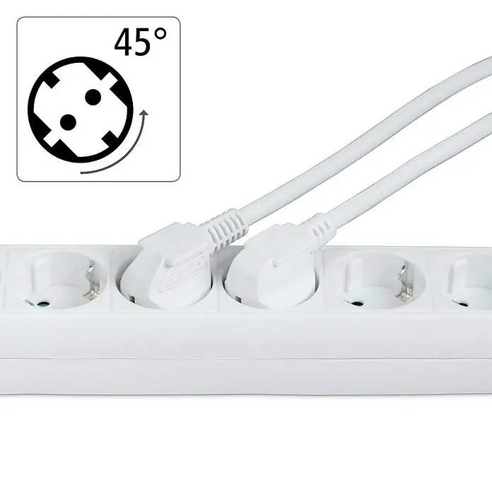 Hama Steckdosenleiste 0030529 - Anzahl Steckdosen: 6 Stück, Kabellänge: 1,4 m, IP20, Weiß - Weiße Steckdosenleiste mit zwei schrägen Steckern (45°), die das platzsparende Design für mehrere Geräte zeigt.