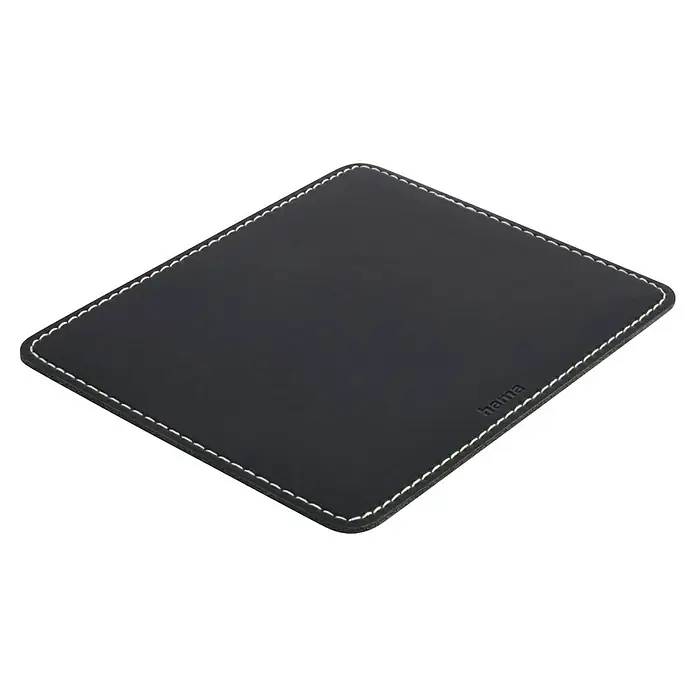 Hama Unterlage Mousepad Kunstleder 00126856 - Schwarz, 18 x 22 cm - Schwarzes, rechteckiges Pad mit weißen Nähten. Hama-Logo.