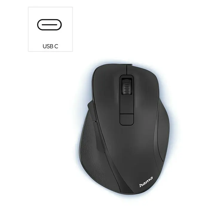 Hama PC-Maus ergonomisch kabellos - Schwarz, 12 x 8,5 x 4,2 cm - Schwarze ergonomische Computermaus mit Scrollrad und USB-C-Anschluss.