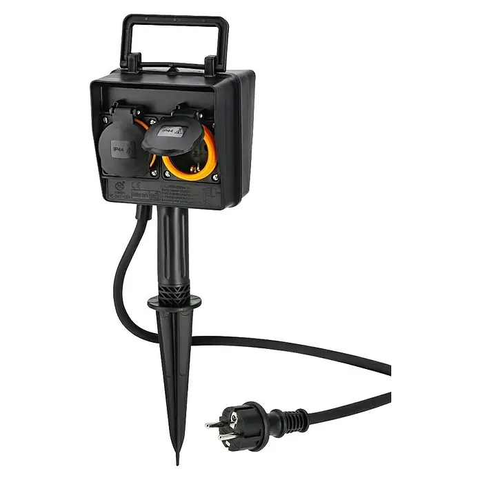 Hama Erdspieß-Steckdose 2-fach 223305 - Kabellänge: 2 m, IP44 - Schwarze Outdoor-Steckdose mit zwei IP44-Anschlüssen, Erdspieß und Netzkabel für den Garten.