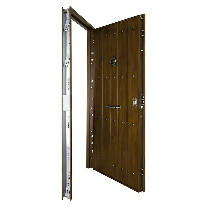 SegureStil Puerta de entrada exterior V500CC Serie V - 90 x 207 cm, Izquierda, Nogal, Acorazada - Imagen de una puerta de seguridad marrón de una sola hoja con herrajes y un diseño robusto, que combina seguridad y estilo.