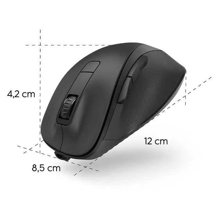 Hama PC-Maus ergonomisch kabellos - Schwarz, 12 x 8,5 x 4,2 cm - Mattschwarze ergonomische kabellose Maus mit Scrollrad und Seitentasten, 12x8,5x4,2 cm groß.