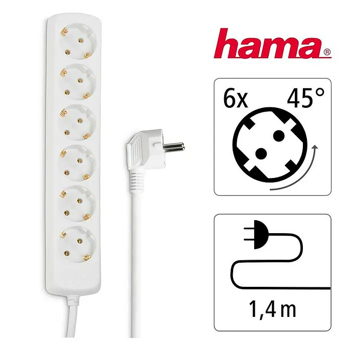 Hama Steckdosenleiste 0030383 - Anzahl Steckdosen: 6 Stück, Kabellänge: 1,4 m, IP20, Weiß - Weißer Hama Steckdosenleiste mit 6 angewinkelten Steckdosen und 1,4m Kabel.