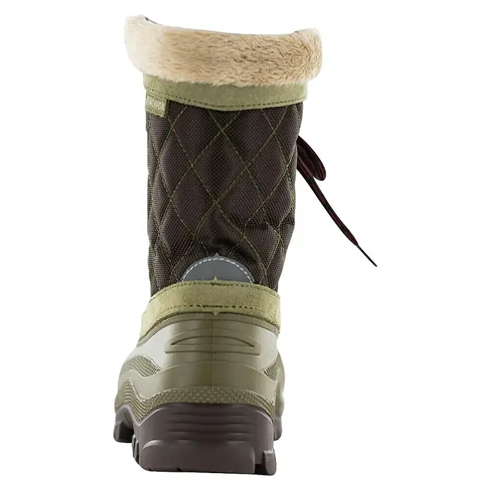 Black Fox Gummistiefel Denali - Schuhgröße: 42 - Dunkelbrauner und olivgrüner gesteppter Winterstiefel mit beigem Flauschrand, reflektierendem Detail und robuster dunkelbrauner Sohle, von hinten gesehen.